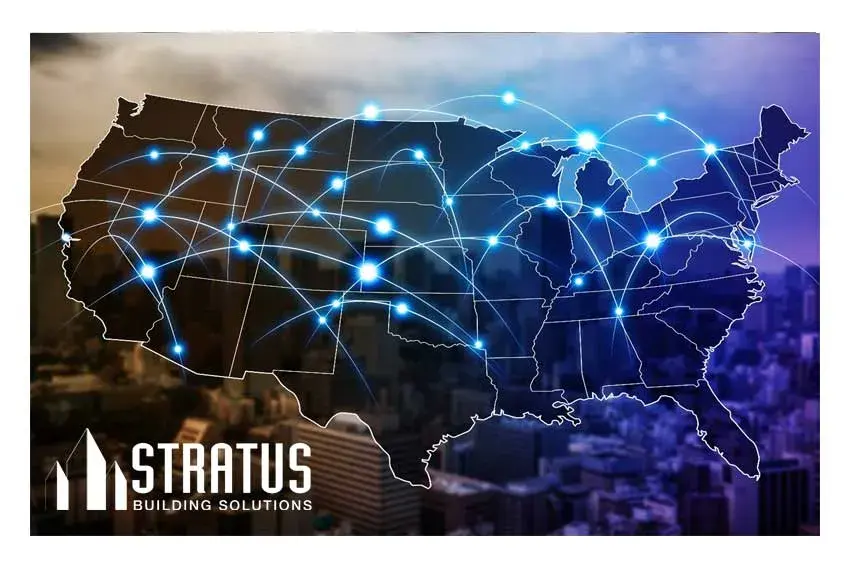 Map of the United States of America with glowing points that are connected across the country to designate expansion of a franchise business.