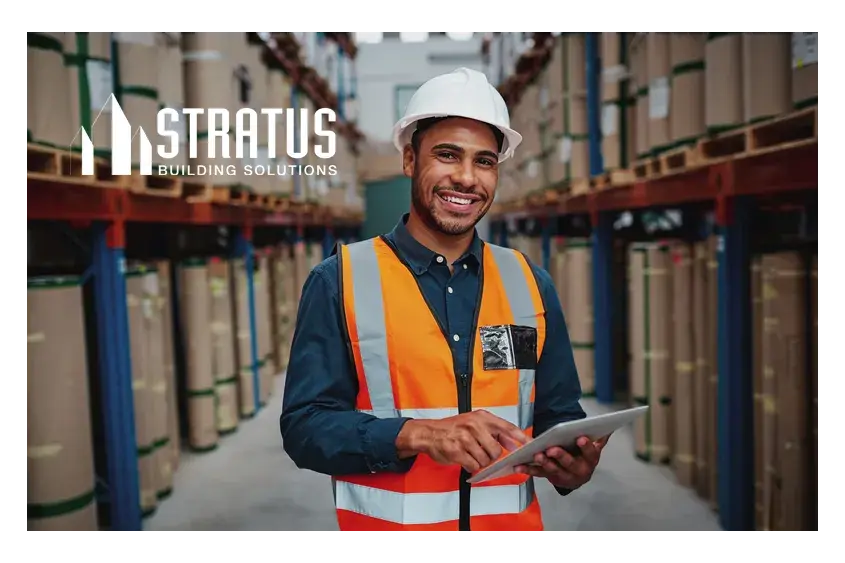 A smiling man in a hard hat and safety vest holds a tablet and stands in a warehouse full of shelves of rolled up materials